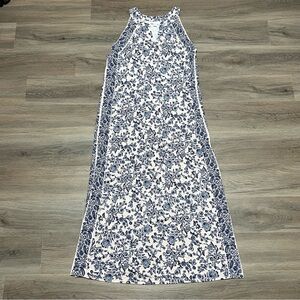 J Jill Small Maxi Dress Pink Blue Floral V Neck Pockets Slit Modest Stretch